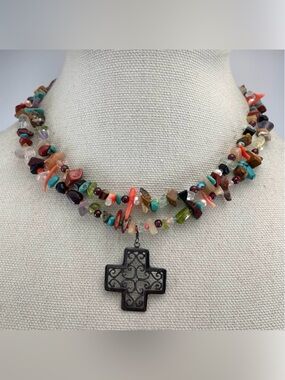 TD Designs Sterling Silver Multi Gemstone Chip Nugget Filigree Cross Necklace